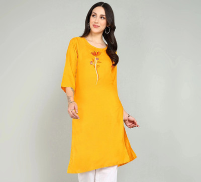 Anvi creation Women Embroidered Straight Kurta(Yellow)