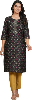 RKTM Women Geometric Print Straight Kurta(Black)
