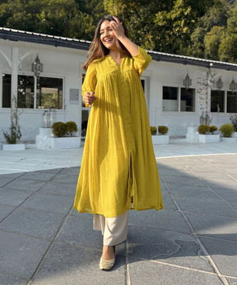 Janasya Women Woven Design Frontslit Kurta(Yellow)