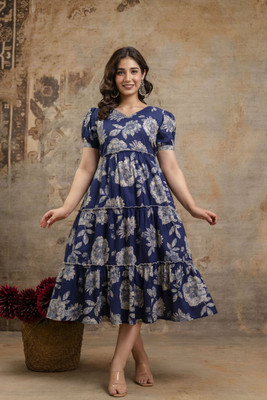 KIMATERNITY Women Floral Print Flared Kurta(Blue)