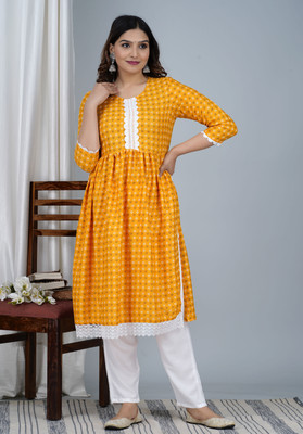 Lihimisu Women Geometric Print A-line Kurta(Yellow)