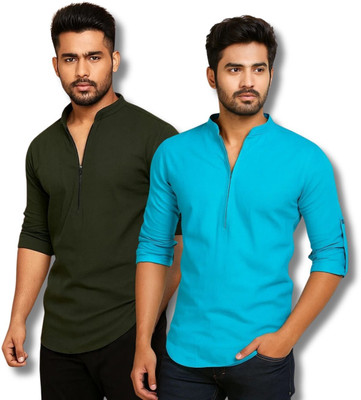 EchoWear Men Solid Straight Kurta(Green, Blue)