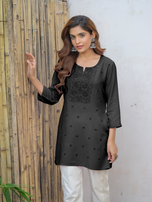 D W APPARELS Women Embroidered, Chikan Embroidery Straight Kurta(Black)