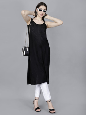 The Chikankari Story Women Chikan Embroidery Straight Kurta(Black)