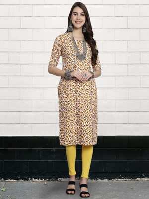 EthnicBasket Women Printed Straight Kurta(Yellow)