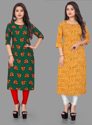 maruti fab Women Printed Straight Kurta(Green, Yellow)