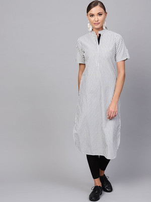 ANOUK Women Striped Straight Kurta(White)