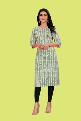 Tulsii Fab Women Animal Print Straight Kurta(Light Green)