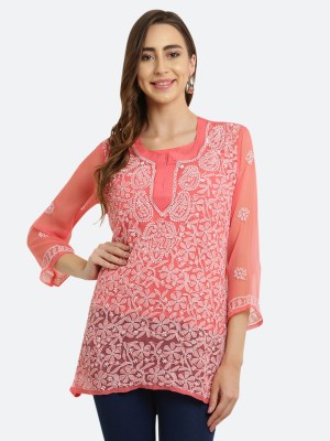 FAWOMENT Women Chikan Embroidery, Embroidered Straight Kurta(Pink)