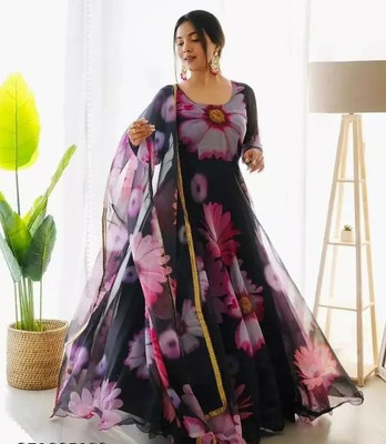 Omkarenterprise Women Floral Print Anarkali Kurta(Black)