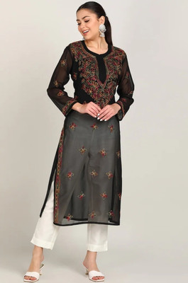 Neelam Chikan Women Chikan Embroidery Straight Kurta(Black)