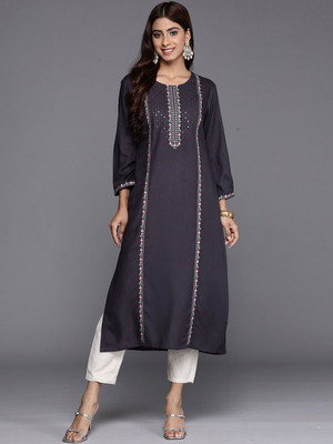 ANOUK Women Self Design Straight Kurta(Grey)