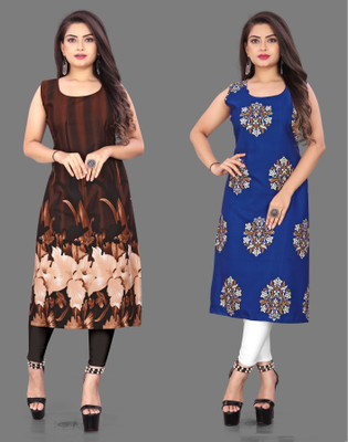 tanvi creation Women Printed Straight Kurta(Brown, Blue)
