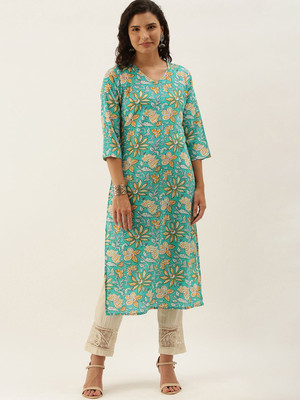 ANOUK Women Floral Print Straight Kurta(Green)