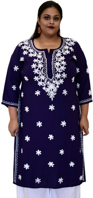myplusfashion Women Chikan Embroidery Straight Kurta(Blue)