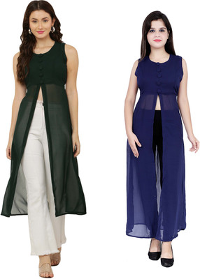 VESICLE Women Solid Frontslit Kurta(Green, Dark Blue)