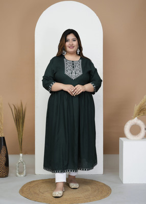 Ananya Fashion Women Embroidered Flared Kurta(Dark Green)