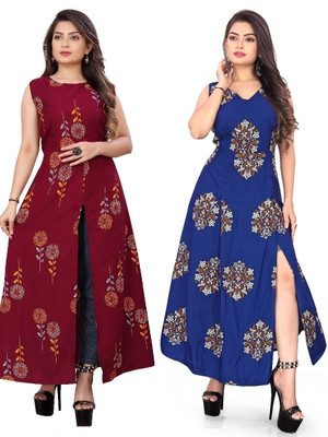 Hiral Creation Women Printed Frontslit Kurta(Blue)