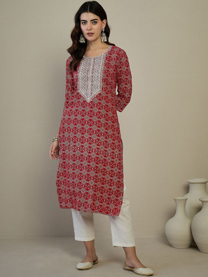 ANOUK Women Geometric Print Straight Kurta(Red)