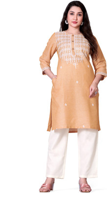 chamunda Fashion Women Embroidered A-line Kurta(Beige, White)