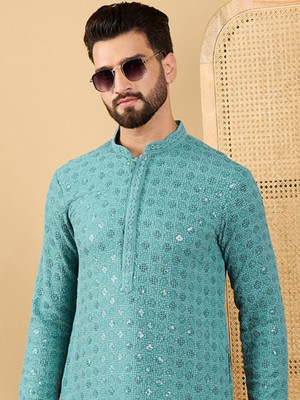 House of Pataudi Men Embroidered Straight Kurta(Blue)