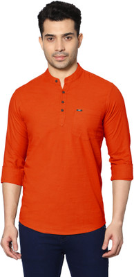 GRANDSTITCH Men Solid Straight Kurta(Orange)