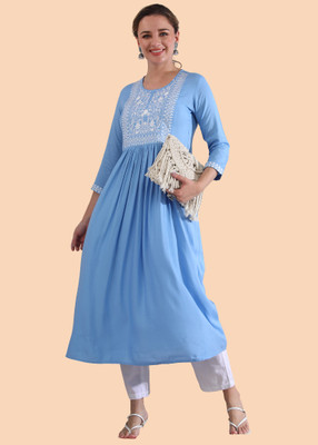 Fashion With Natur Women Embroidered Flared Kurta(Blue)
