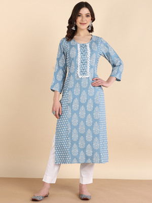maaesa Women Printed Straight Kurta(Light Blue)