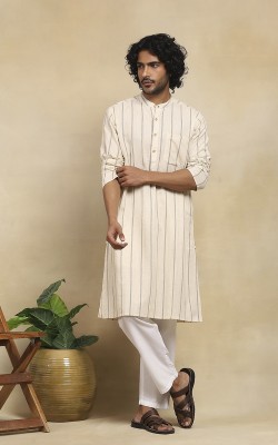 House of Chikankari Men Striped Straight Kurta(Beige)