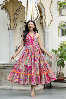 Demirner Women Fit and Flare Pink Maxi/Full Length Dress