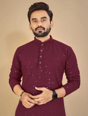 grantox Men Self Design, Embellished Straight Kurta(Maroon)