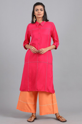 W Women Striped Straight Kurta(Pink)