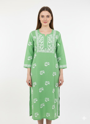 GREENVOGUISH Women Chikan Embroidery Ethnic Dress Kurta(Light Green)