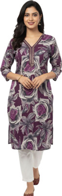 TRENOVA Women Floral Print Straight Kurta(Purple, Grey)