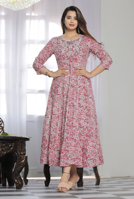 Shri Krishna Print Women Embroidered Anarkali Kurta(Pink)