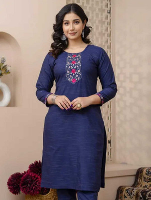 MAHADEV Women Embroidered, Floral Print, Self Design, Striped Straight Kurta(Blue)