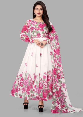QUEUEE CREATION Women Floral Print Anarkali Kurta(White)