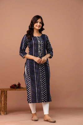 Nawalsa Women Bandhani Straight Kurta(Dark Blue)