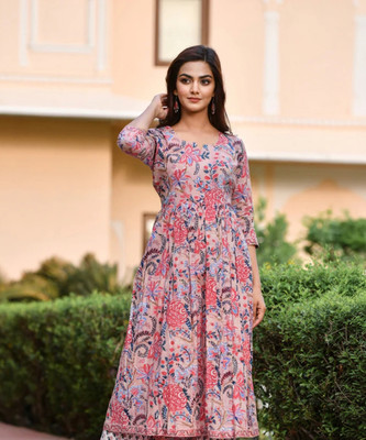 FULPARI Women Floral Print Anarkali Kurta(Pink)
