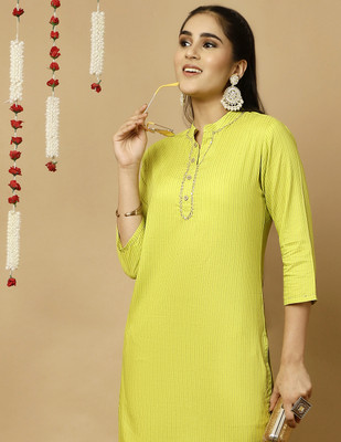 Jaipur Kurti Women Self Design Straight Kurta(Beige, Light Green)