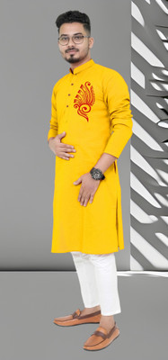 Mamta Bisswas Men Printed Straight Kurta(Yellow)
