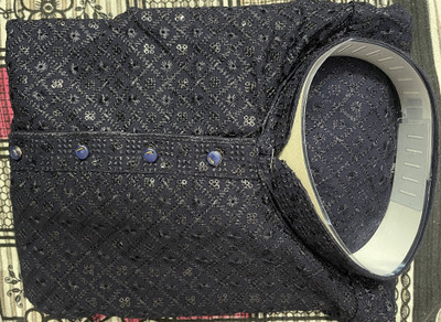 vastra vaani Men Chikan Embroidery, Embroidered, Checkered A-line Kurta(Black)