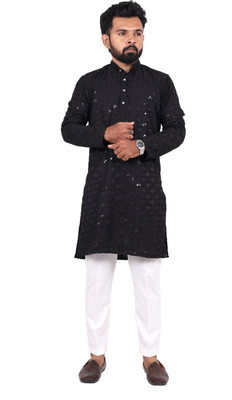 vastraveda Men Chikan Embroidery Straight Kurta(Black)