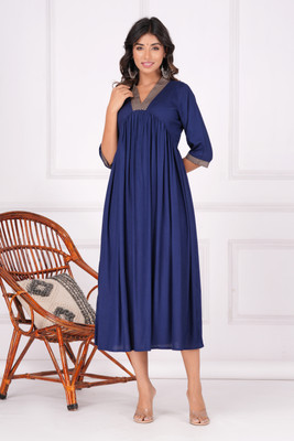 INDIANIC Women Solid, Printed Flared Kurta(Blue)