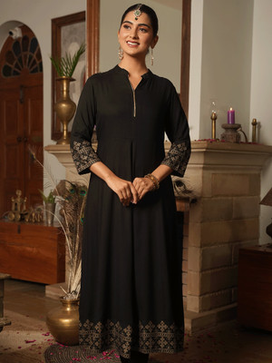 Aramya Women Woven Design Anarkali Kurta(Black)