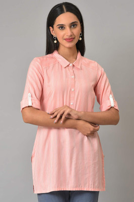 Aurelia Women Striped Straight Kurta(Pink)