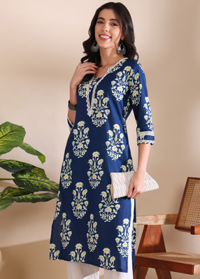 TANISHA FASHION Women Floral Print A-line Kurta(Blue)