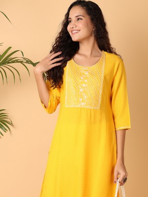 UNLIMITED Women Embroidered A-line Kurta(Yellow)