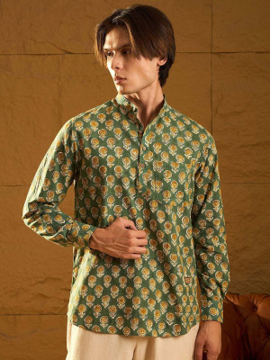 DIMMY Men Printed A-line Kurta(Green)