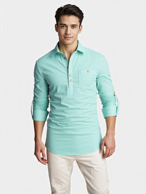 indirae Men Solid A-line Kurta(Light Blue)